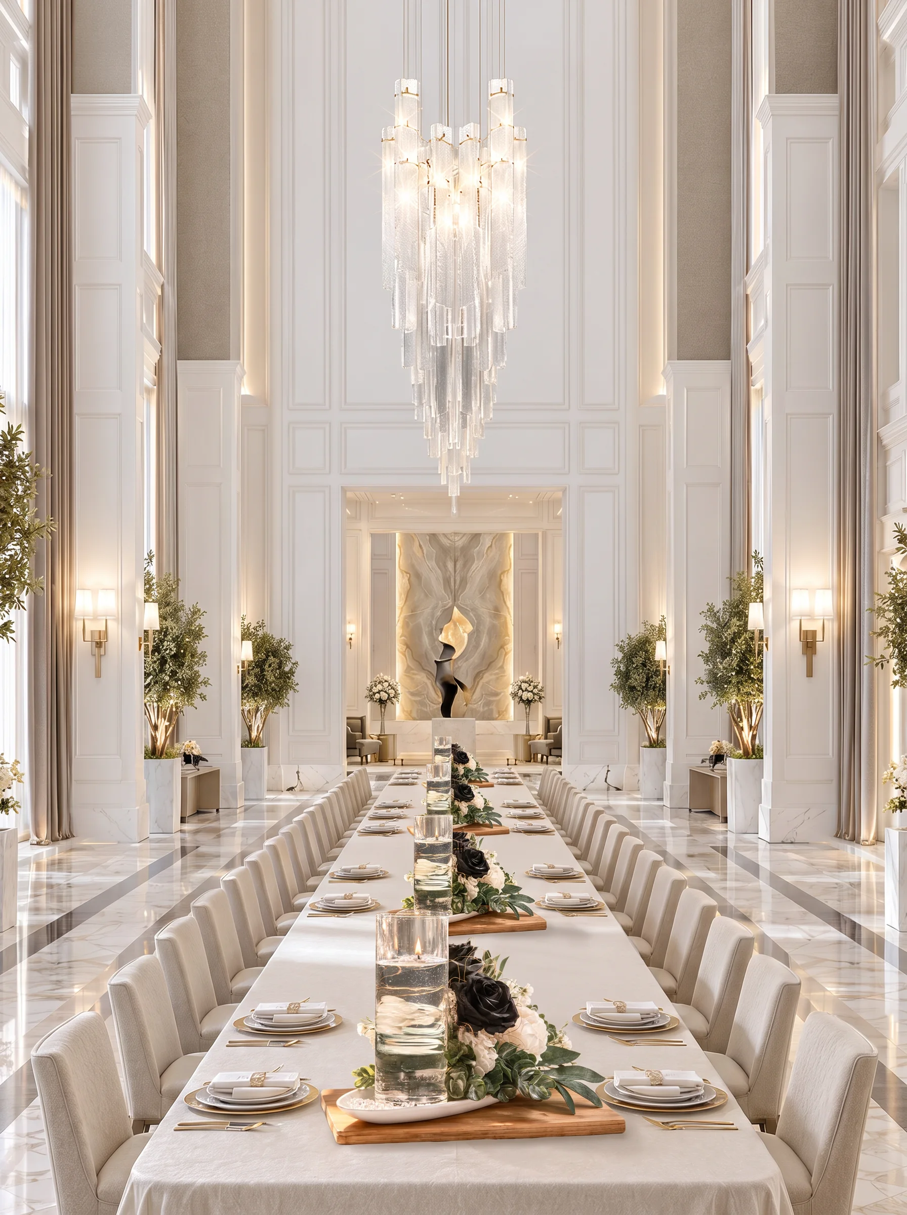 Grande salle de réception, longue table sous un lustre de cristal, centres de table AquaLux